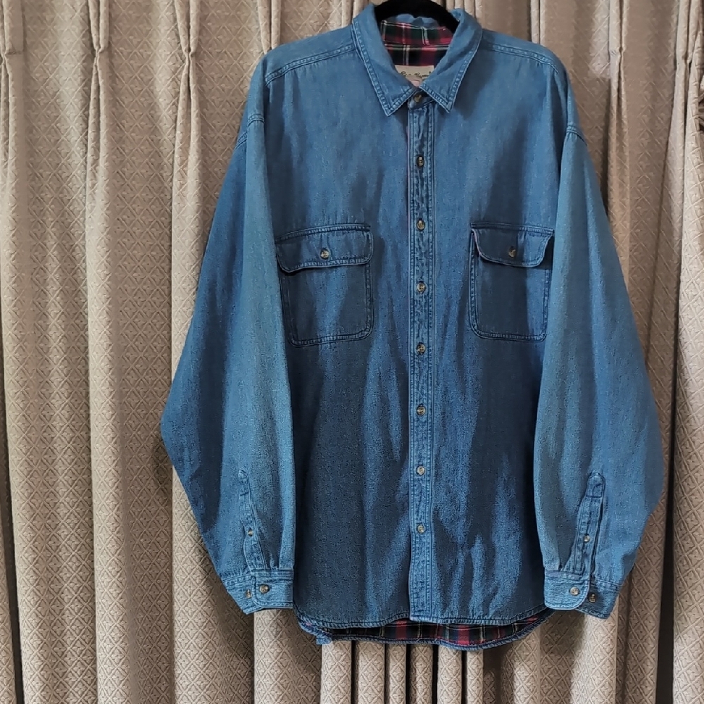 Vintage Men's Size XXL Tall Eddie Bauer Blue Denim Flannel Chore Shacket